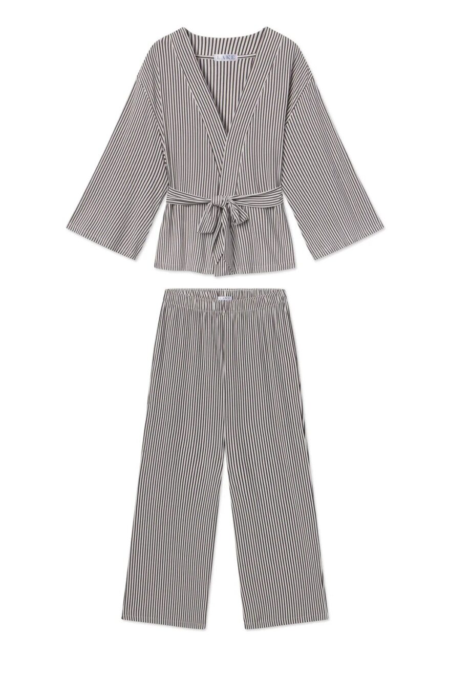 LAKE DreamModal Kimono Pajama Set in black and white stripe with belted wrap top and wide-leg pants