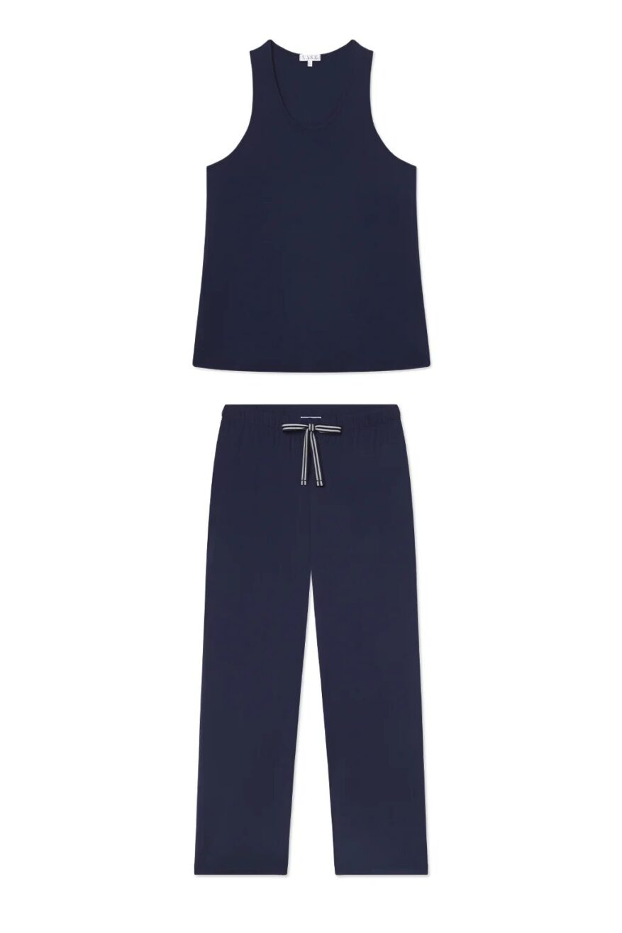 LAKE DreamModal Ribbon Tank-Long Set in navy with scoop-neck tank and striped ribbon drawstring pants