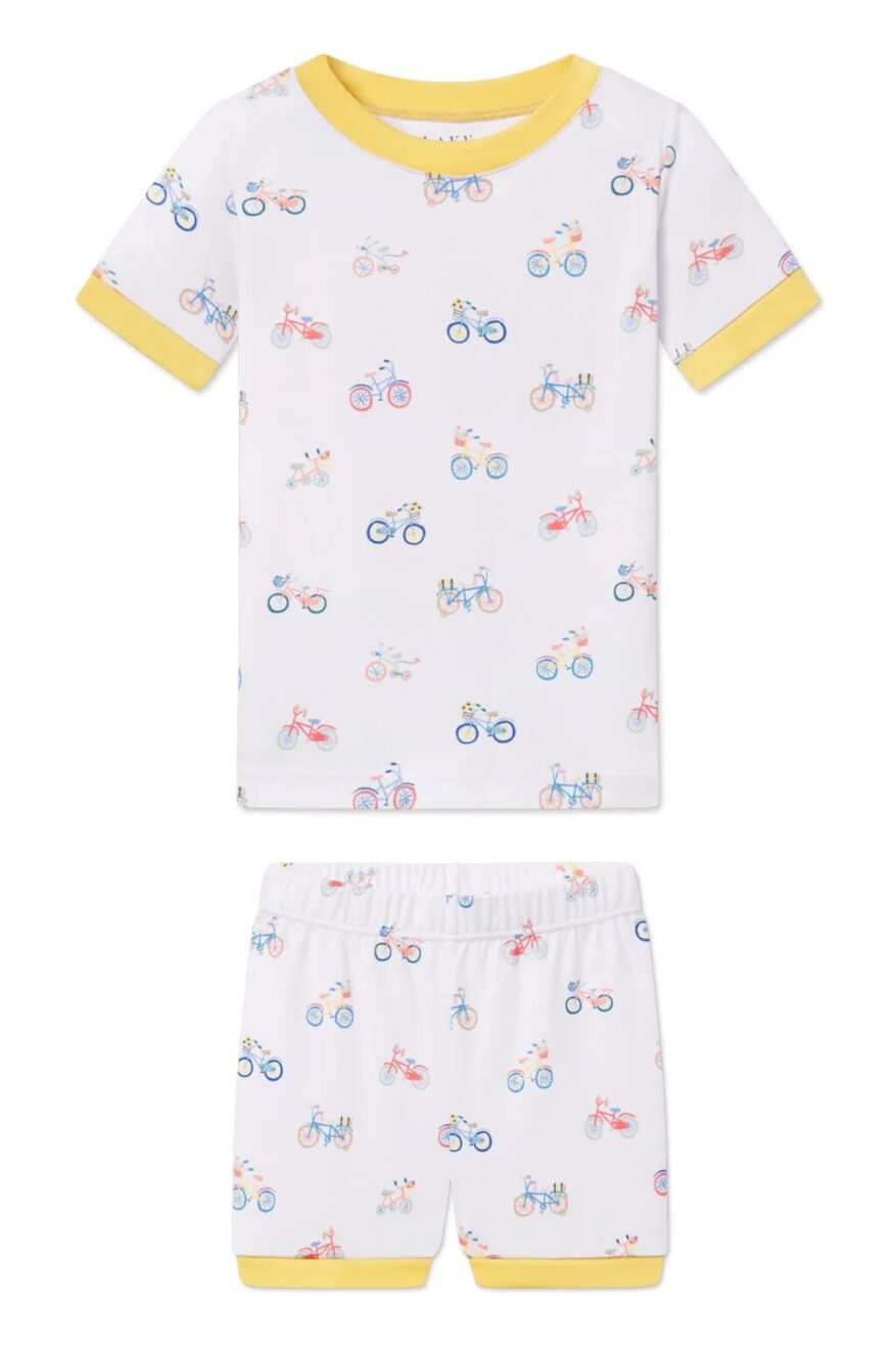 LAKE kids' Pima shorts set in white bicycle print with yellow trim on the tee and shorts