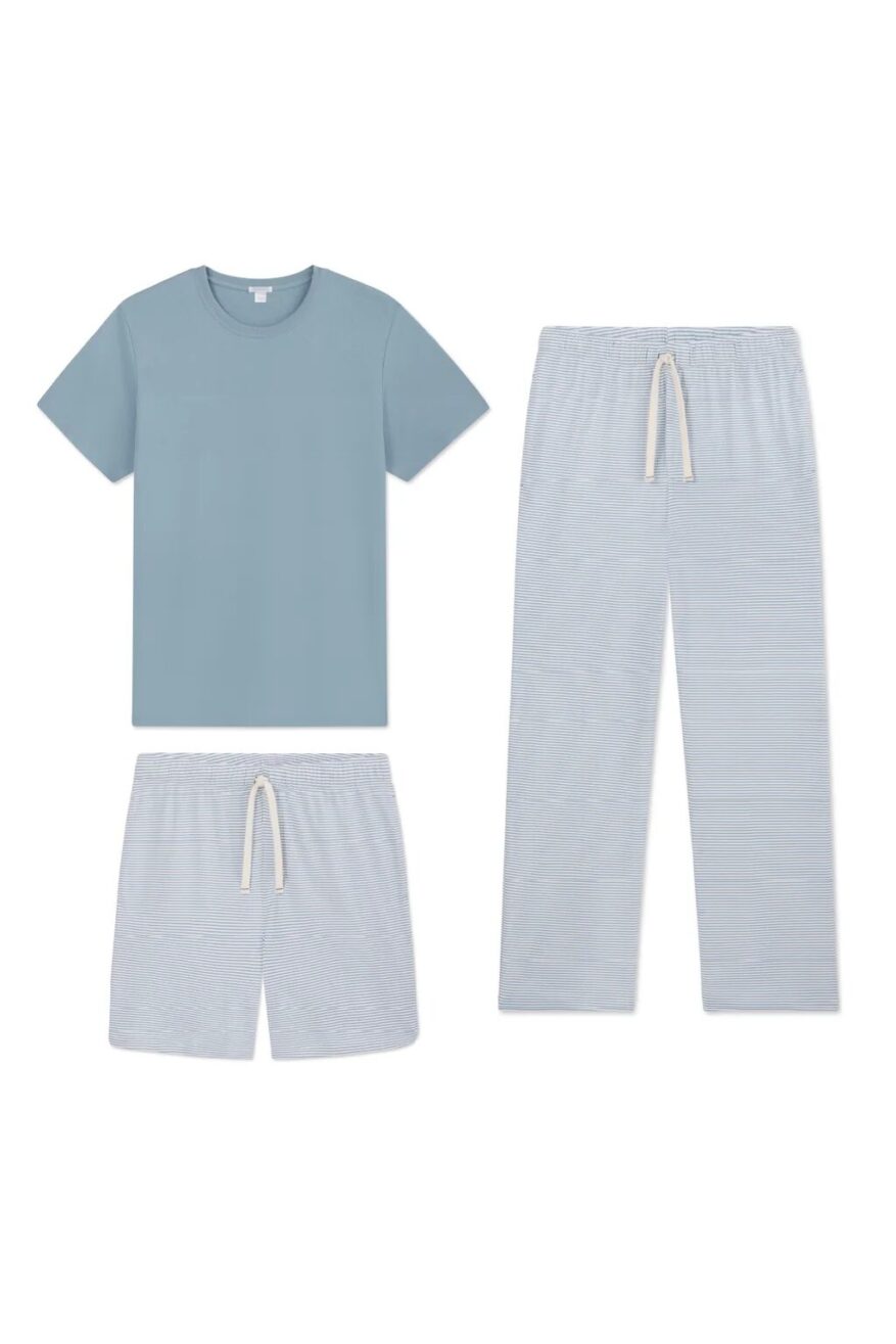 LAKE men's pajama set with blue crewneck sleep shirt and striped drawstring shorts and pajama pants
