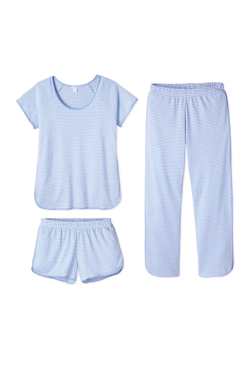 LAKE Pima Bundle in blue and white stripe with short-sleeve top, shorts, and pajama pants