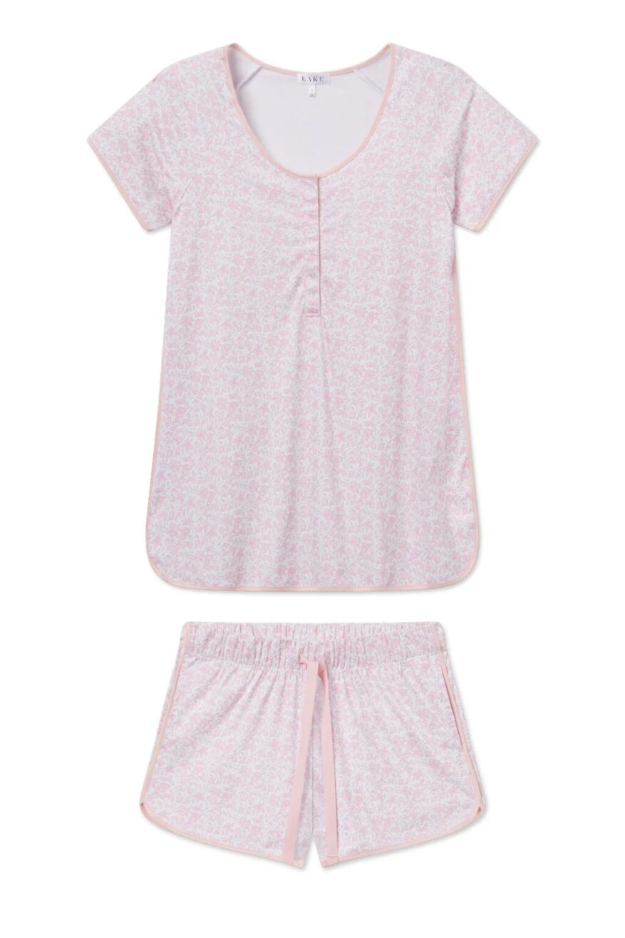 LAKE Pima Maternity Shorts Set in pink floral print with snap-front nursing top and drawstring shorts