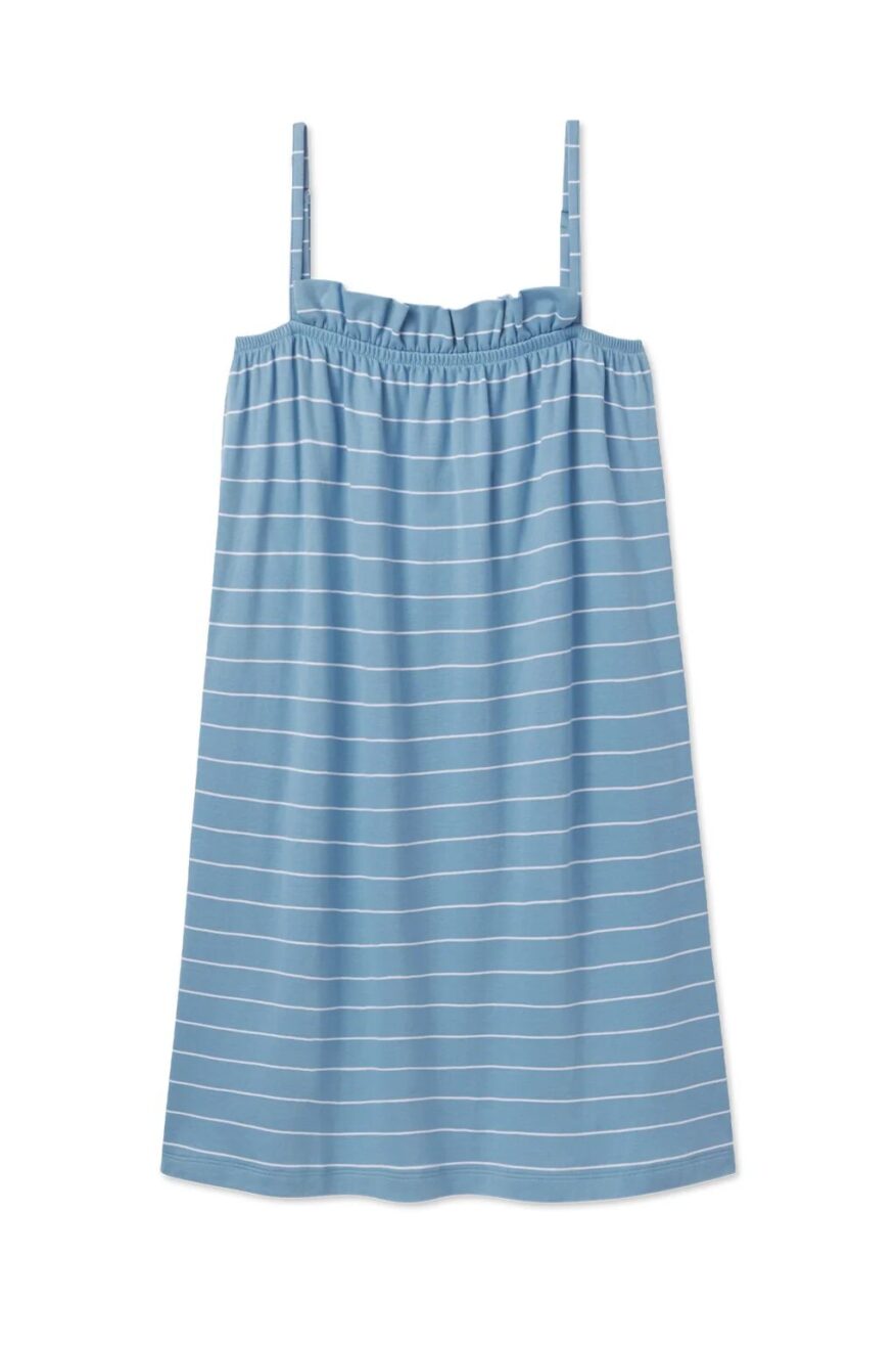 LAKE Pima Ruffle Nightgown in blue with white stripes, ruffled neckline and thin straps