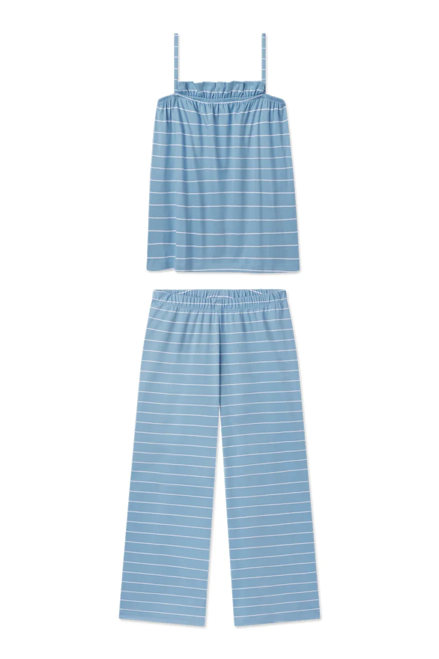 LAKE Pima Ruffle Tank Set in blue with white stripes, ruffled cami top and wide-leg pajama pants