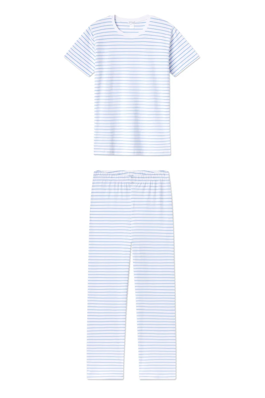 LAKE Pima Short Long Weekend Set with white and blue striped crewneck tee and pajama pants