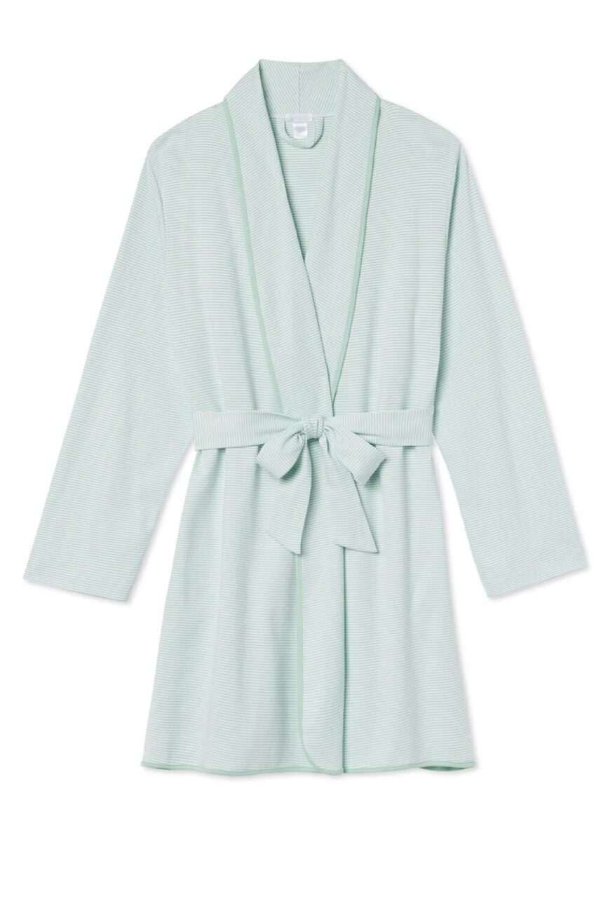 LAKE Pima Short Robe in mint and white stripe with shawl collar, bow tie belt, and green piping