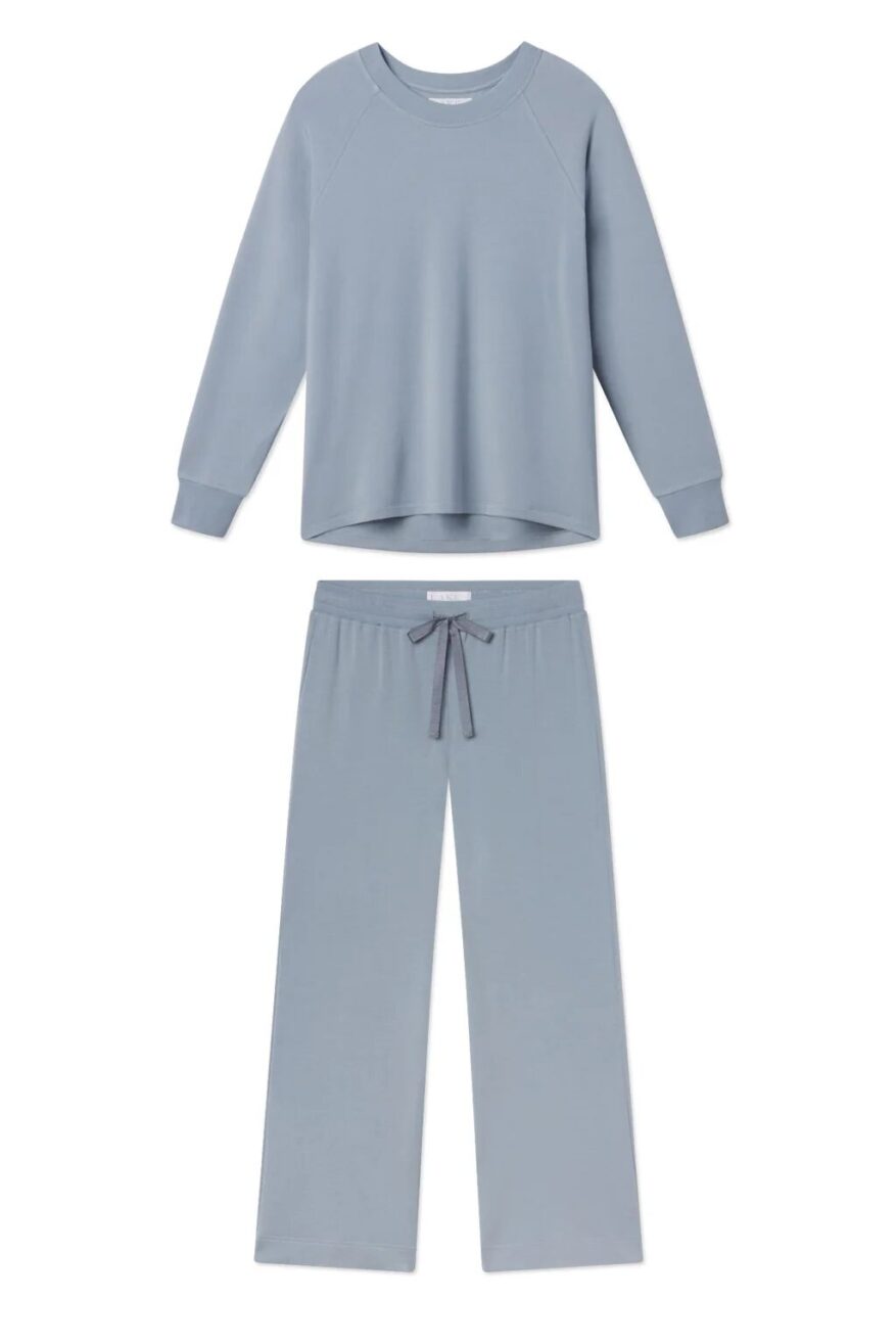 LAKE Relax Pants Set in slate blue with long-sleeve raglan top and wide-leg drawstring pants