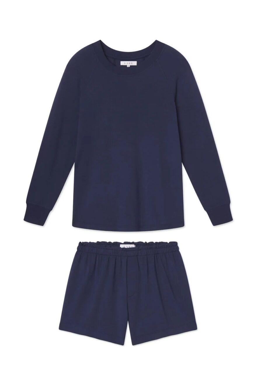 LAKE Relax Shorts Set in navy with long-sleeve raglan top and ruffle-waist lounge shorts