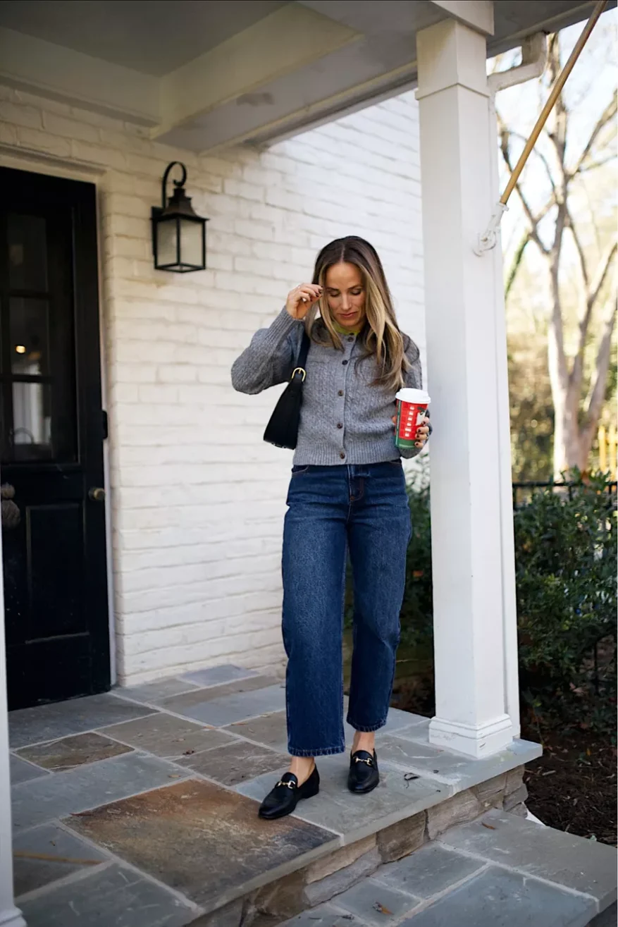 TeriLyn Adams styling cropped straight-leg jeans with black Sam Edelman Loraine loafers