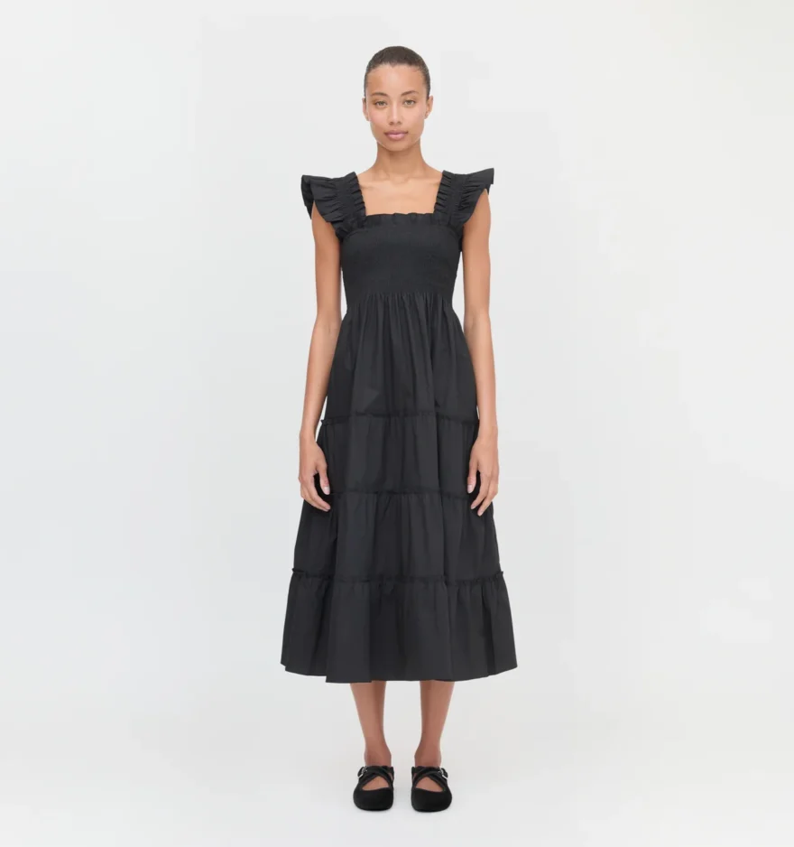 Hill House Ellie Nap Dress in black poplin worn by a model