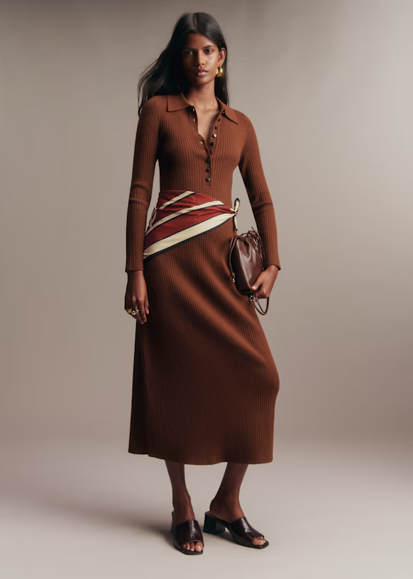 Sezane Leandra Dress in brown ribbed knit worn by a model