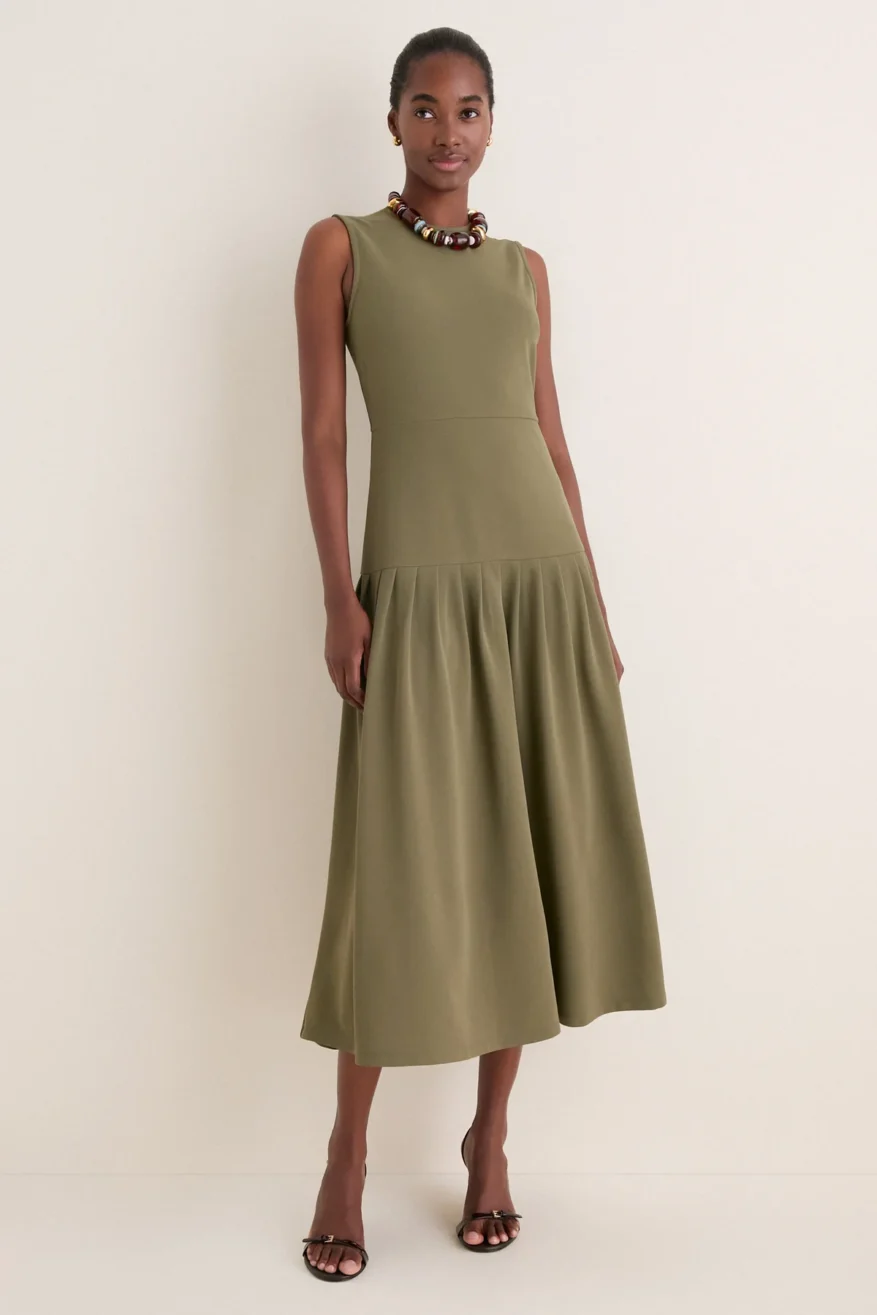 Tuckernuck Jersey Gramercy Dress in olive worn by a model