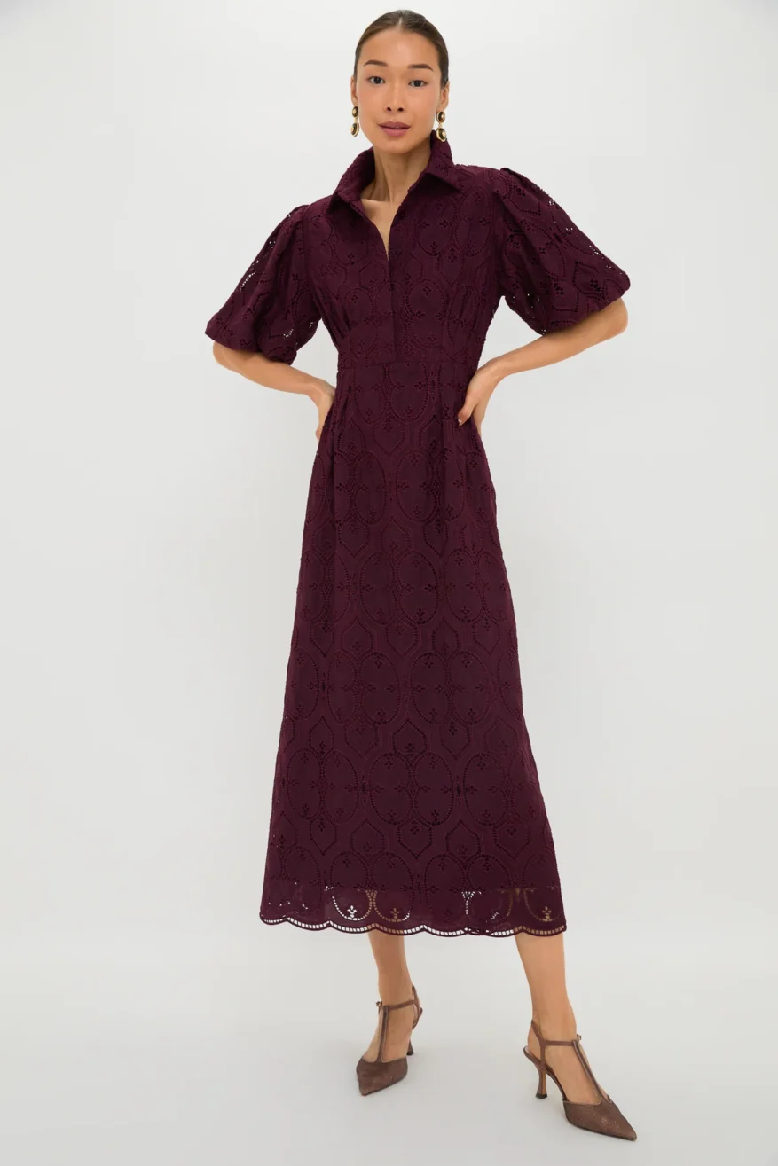 Tuckernuck Winetasting Eyelet Delaney Dress in wine worn by a model