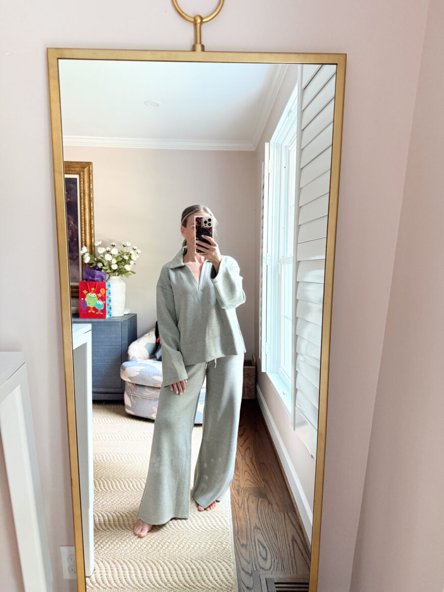 TeriLyn Adams wearing a sage green Spanx Air Essentials popover top and wide-leg pants set
