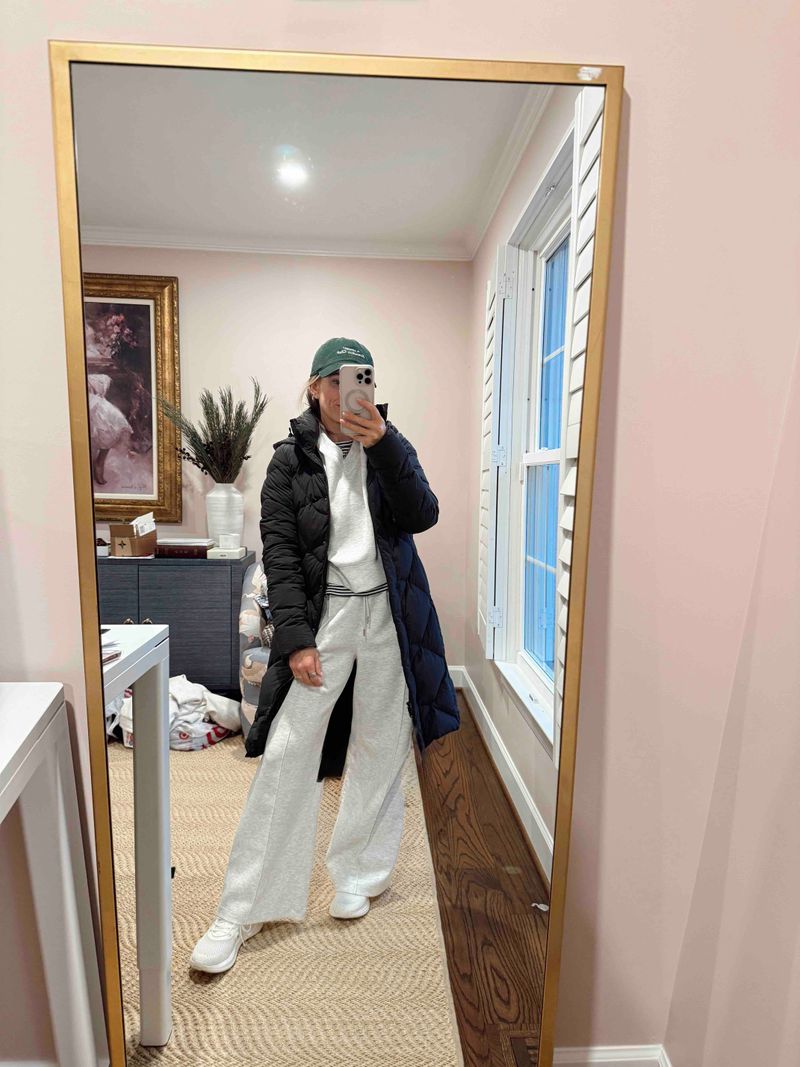 TeriLyn Adams wearing Abercrombie Sunday Wide-Leg Sweatpants and a hoodie with a black puffer coat