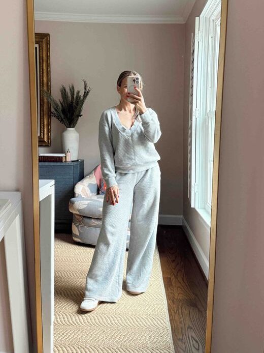 TeriLyn Adams wearing the Negative Waffle Knit Deep V Top and Track Pants in a mirror selfie