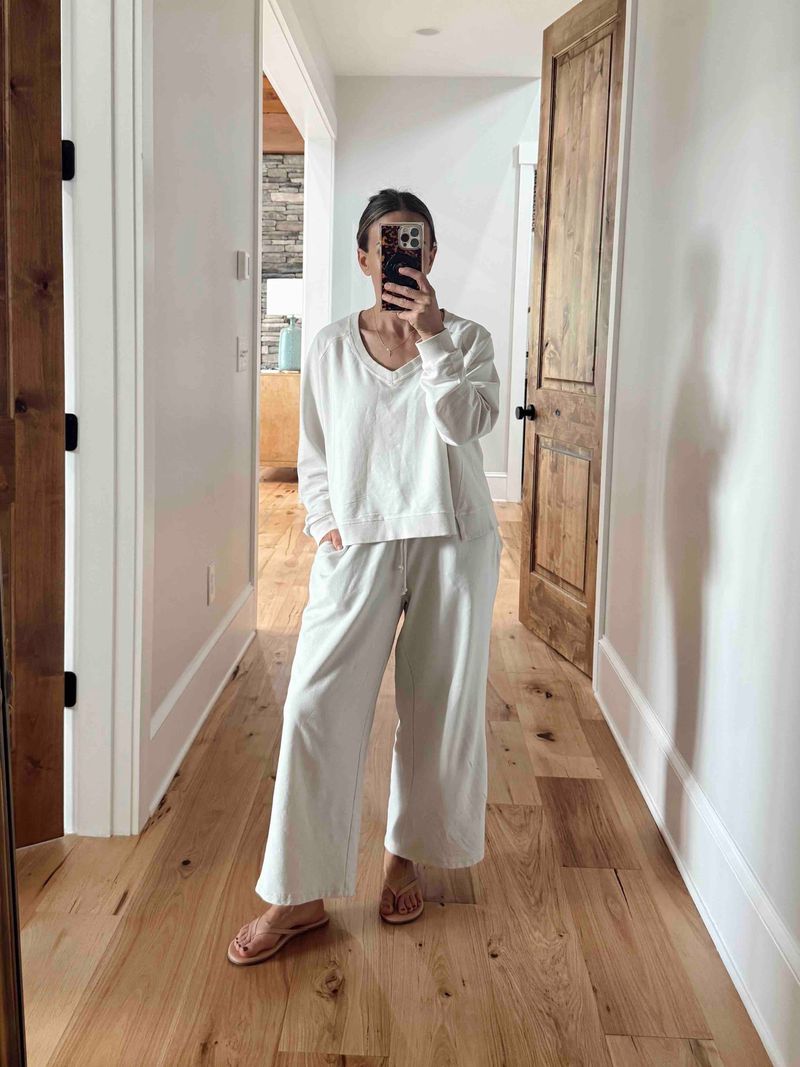 TeriLyn Adams wearing the Splendid Palmer Terry V-Neck Sweatshirt and Sweatpants in Pale Oak
