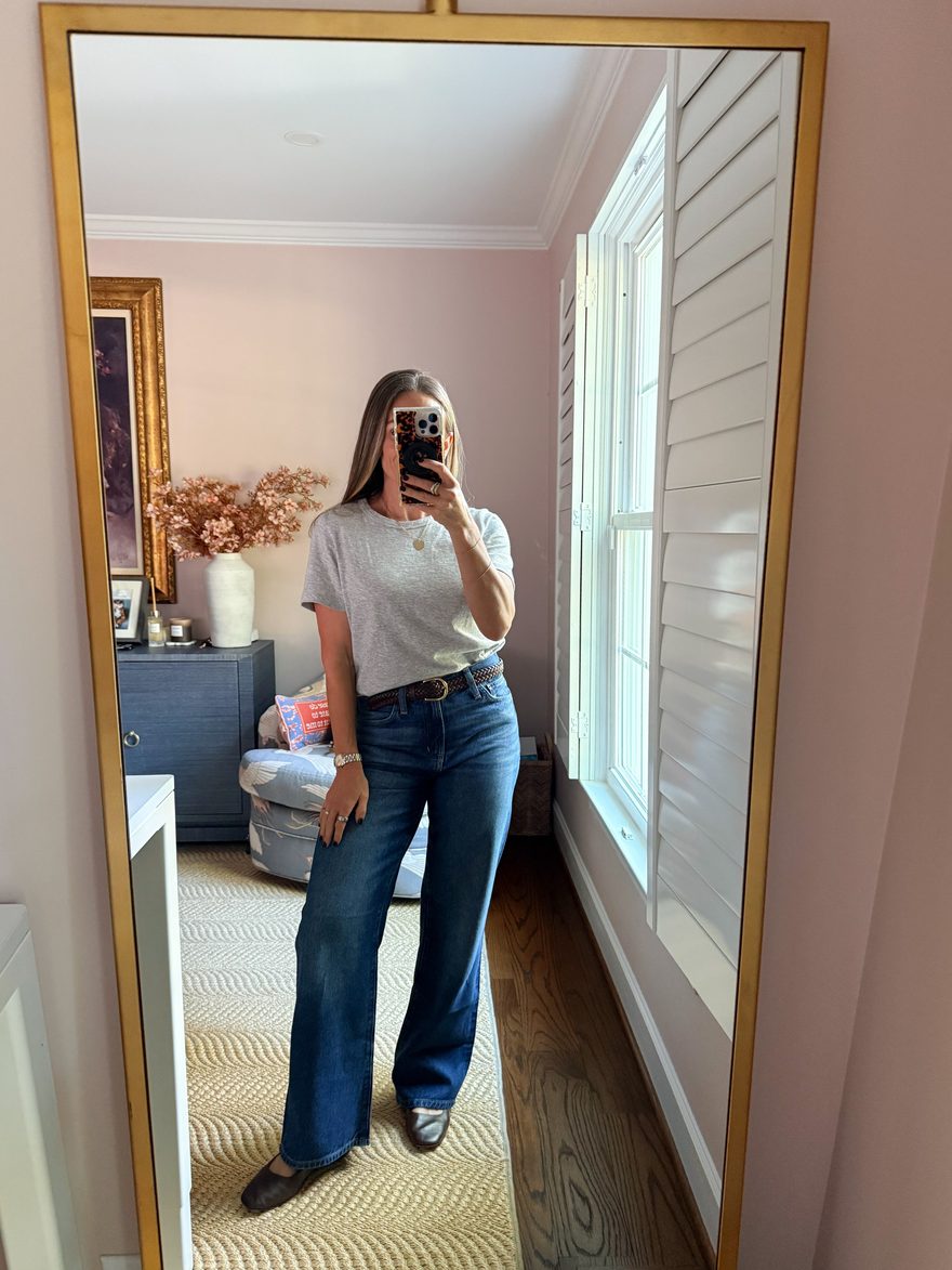 TeriLyn Adams wearing Madewell Perfect Vintage Wide-Leg Jeans with brown ballet flats and a gray tee
