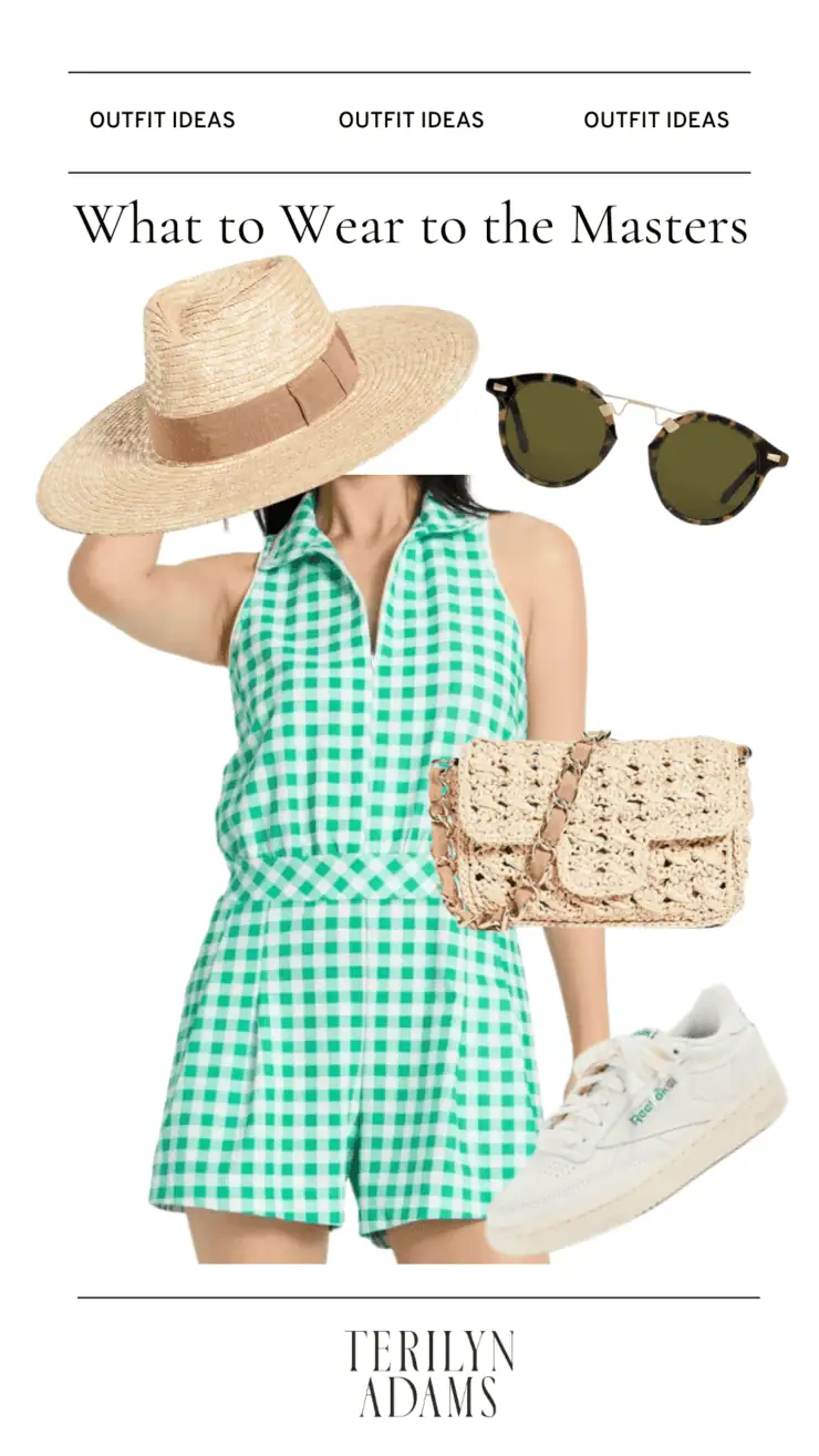 What to Wear to the Masters graphic with fedora hat, romper, and sneakers
