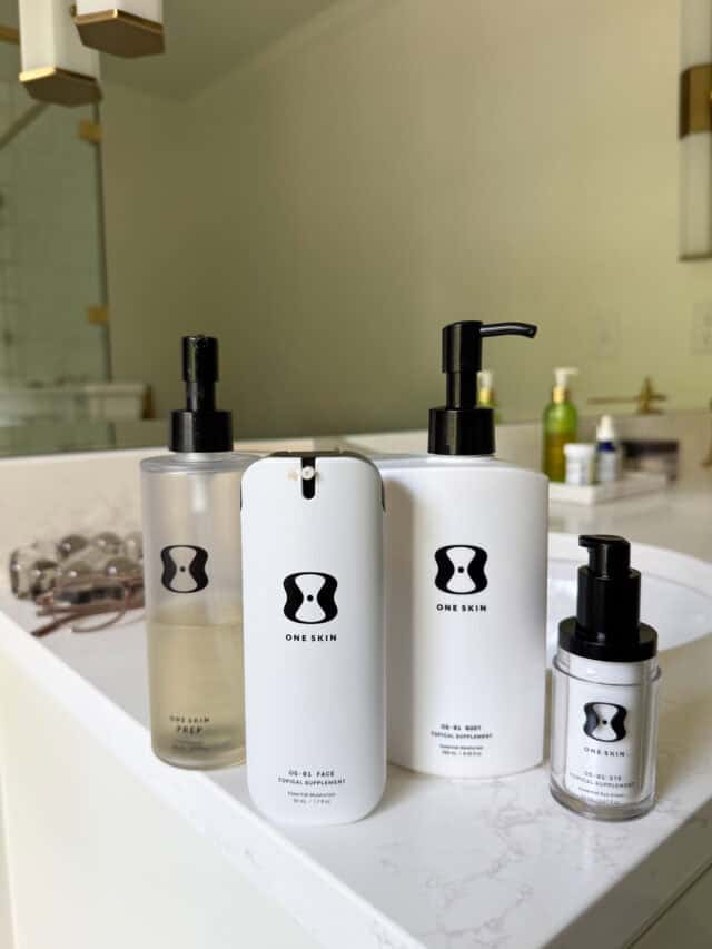 Terilyn Adams oneskin products on bathroom counter