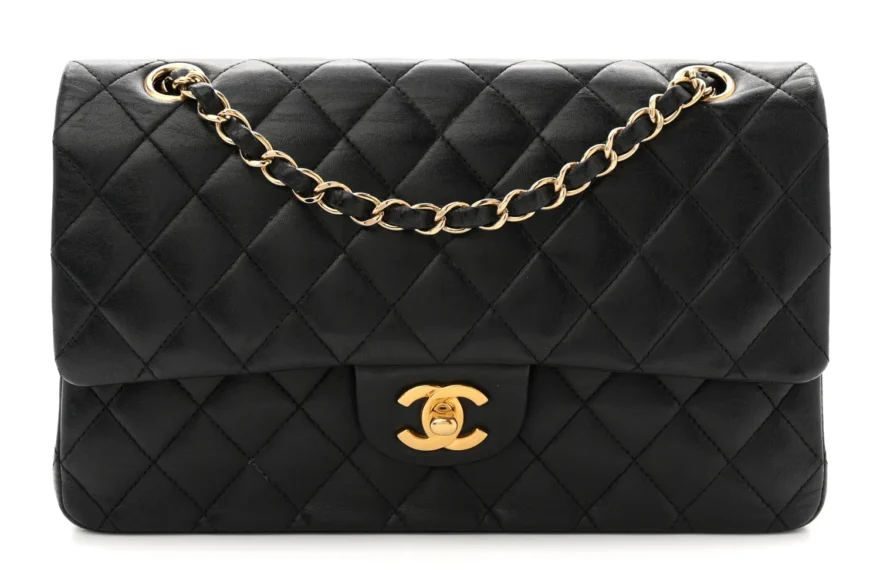 Chanel black quilted leather classic flap bag with gold chain strap
