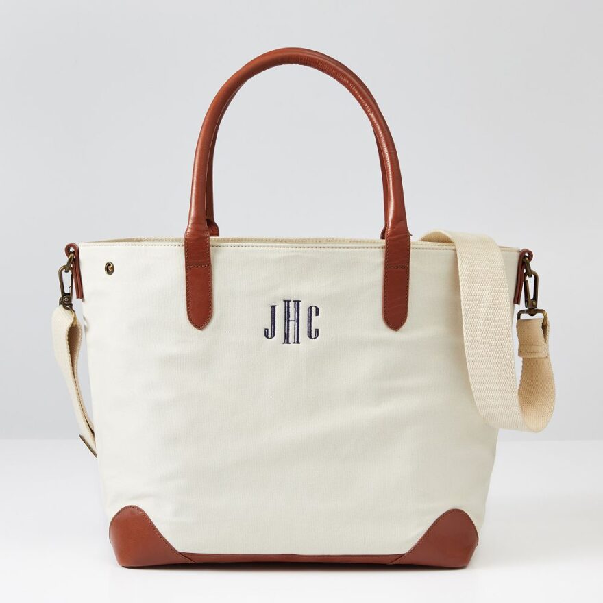 Mark and Graham canvas and leather travel tote with monogram