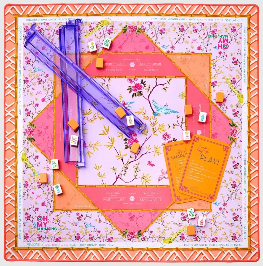 Oh My Mahjong pink chinoiserie playing mat with tiles and card racks