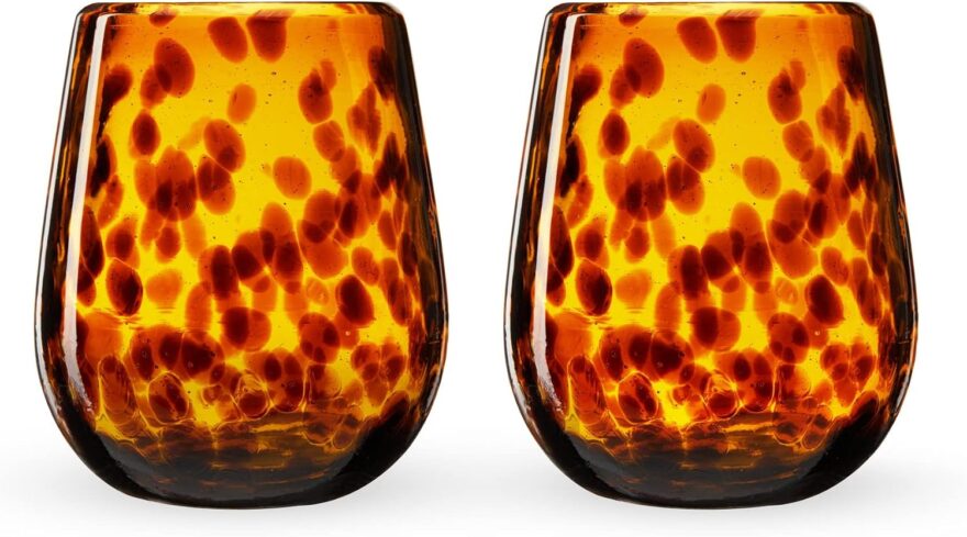 Amber tortoiseshell stemless wine glasses, set of two