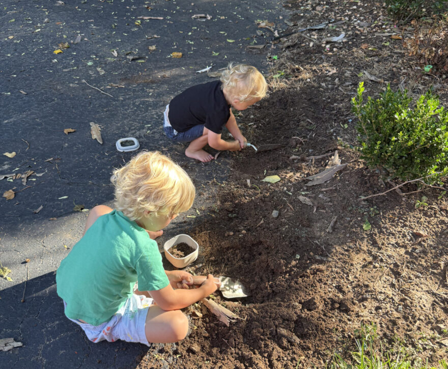 Two kids digging in the dirt outside during a playdate, giving mom quiet time with the newborn.