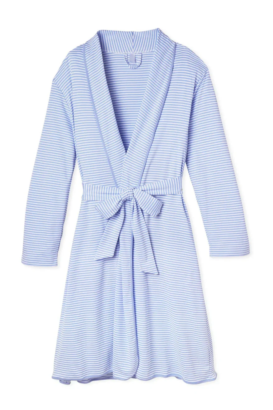 LAKE robe in blue and white hydrangea stripe, tied at the waist, product shot.