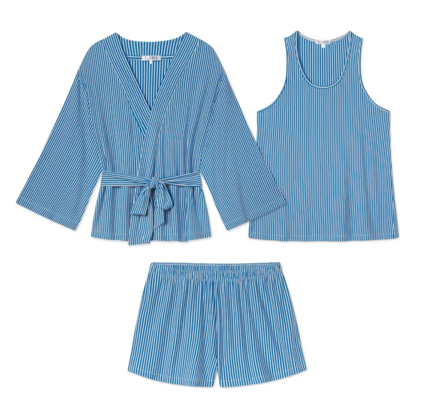 LAKE DreamModal Kimono Shorts Bundle in Cape Pencil Stripe, robe tank and shorts.
