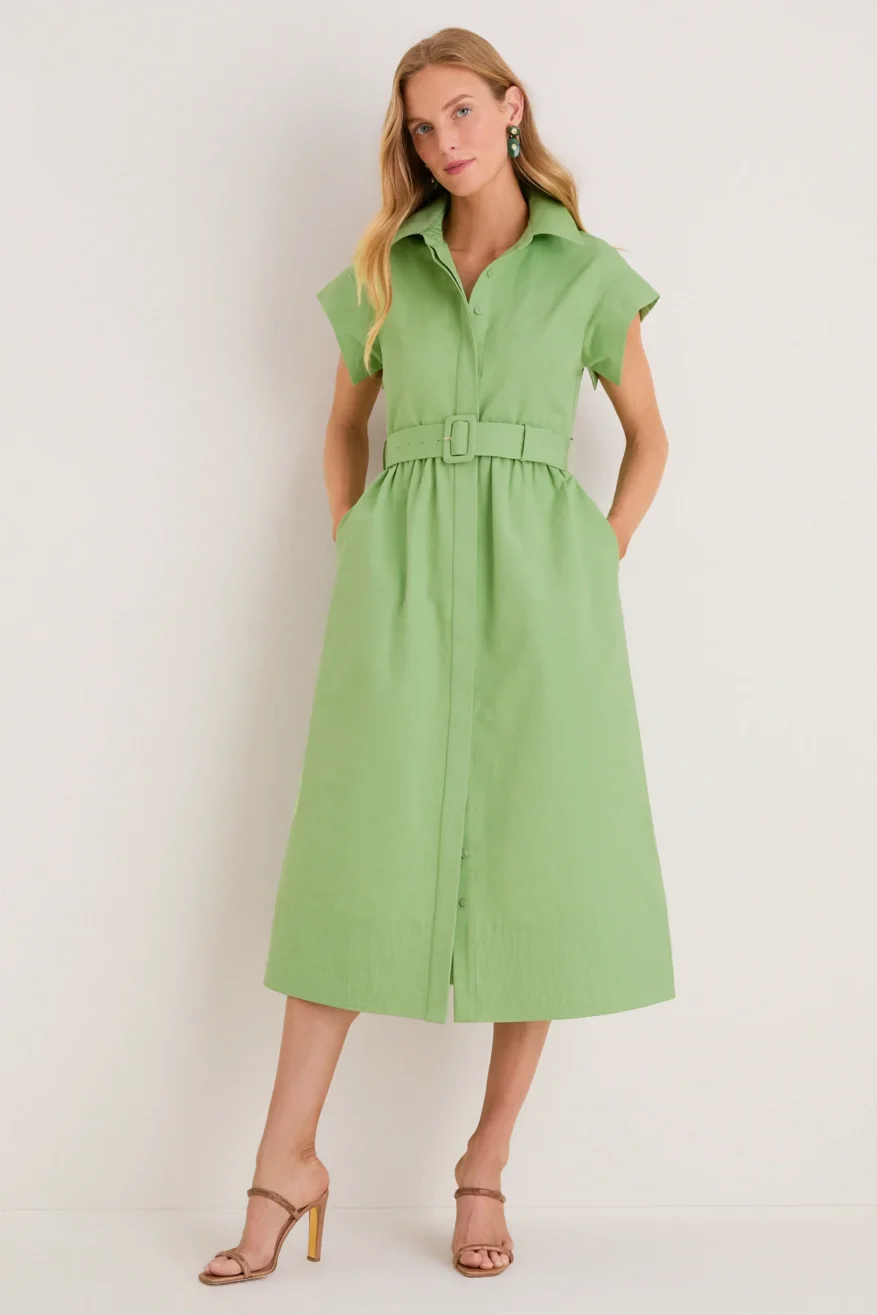 Woman wearing the Tuckernuck Chloe dress in pistachio green with a belted waist and button-front design