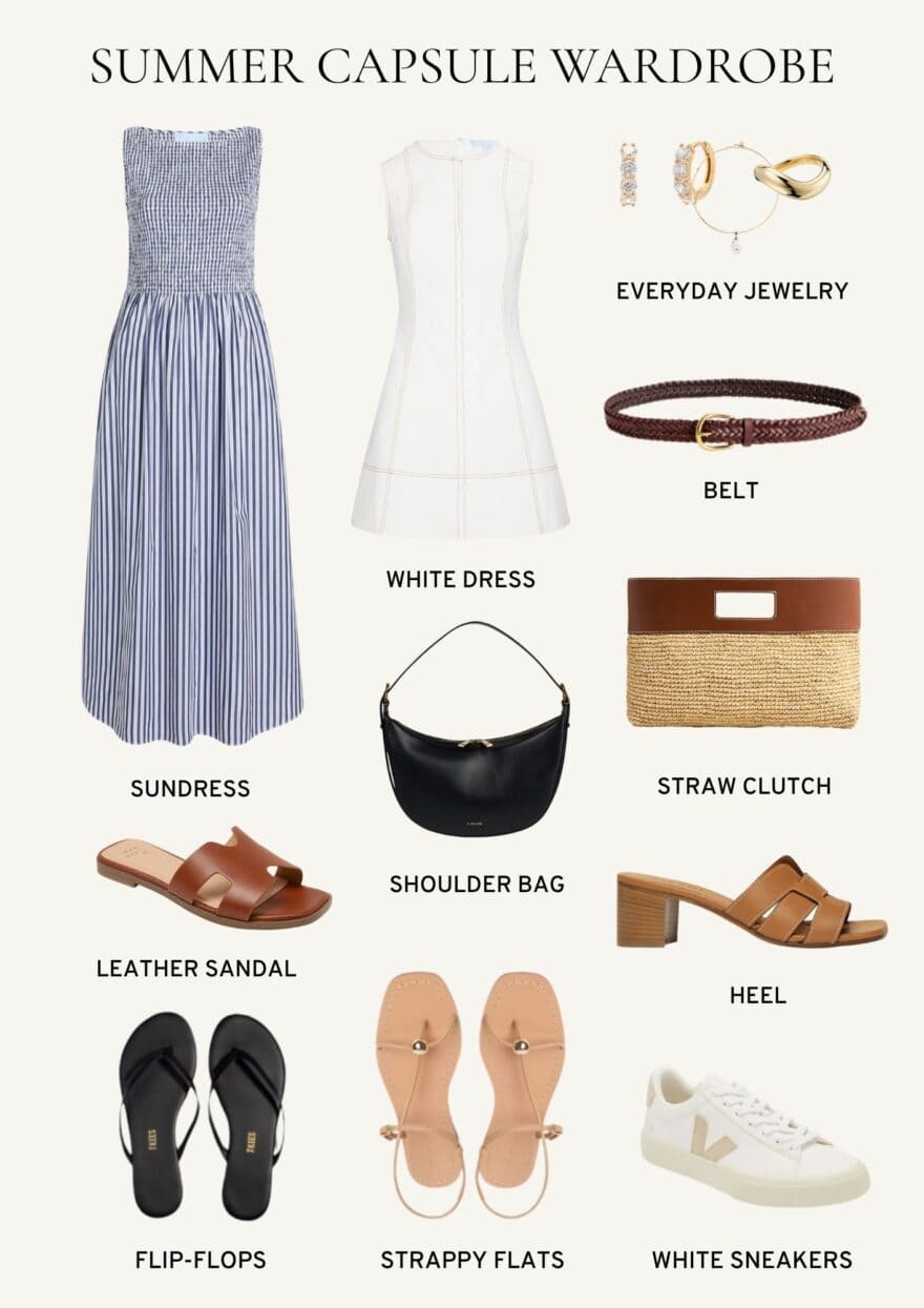 Summer capsule wardrobe: sundress, white dress, belt, black bag, straw clutch, sandals, flip flops, block heel and sneaker.
