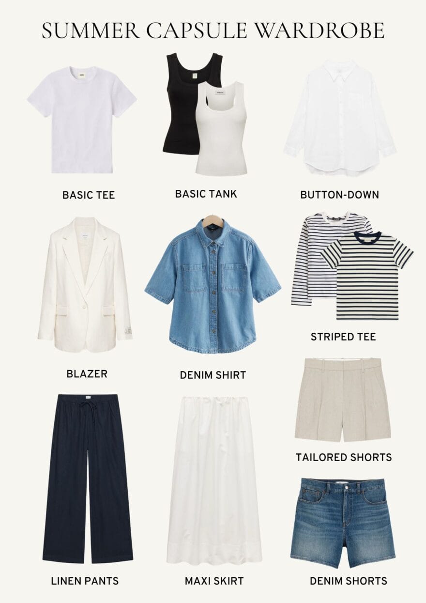 Summer capsule wardrobe: white tee, tanks, blazer, chambray shirt, striped tees, linen pants, maxi skirt and shorts