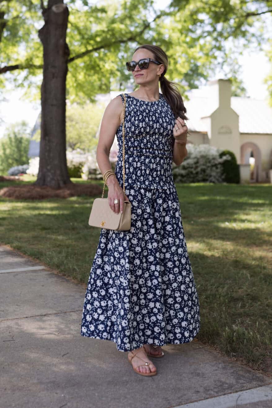 TeriLyn Adams wearing a maxi dress with Loeffler Randall leather strappy lara sandals