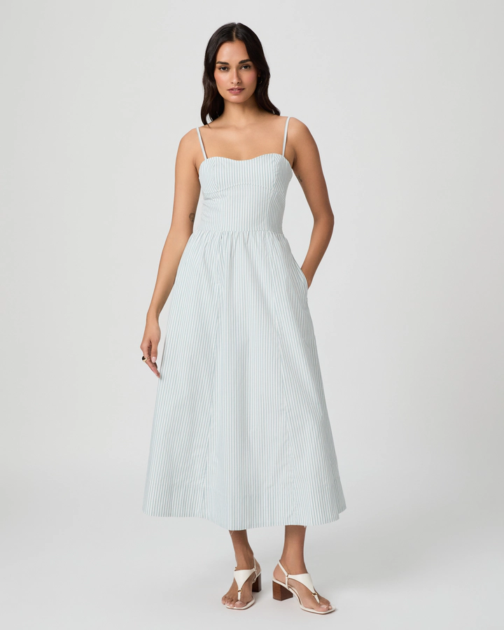 woman wearing blue and white spaghetti strap midi with flip flop heels