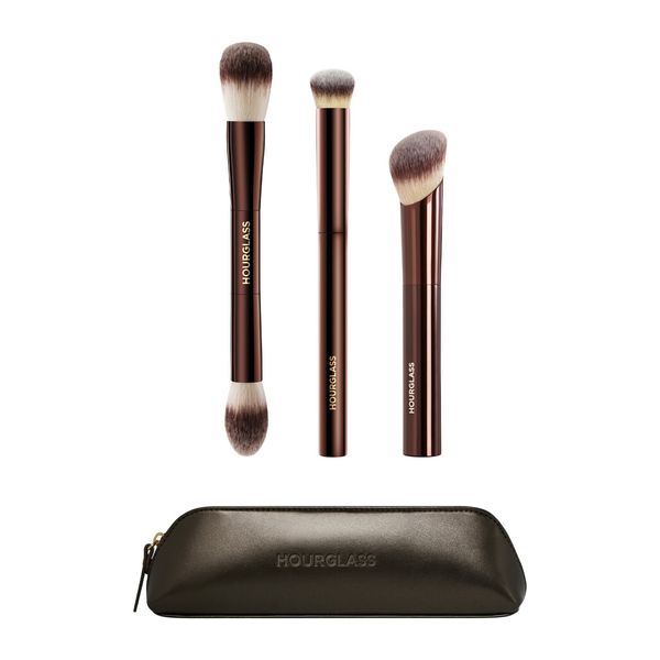 Hourglass Essentials makeup brush set with three brushes and pouch, product shot