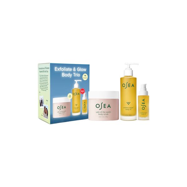 OSEA Exfoliate & Glow body trio with box, body scrub, and body oil, product shot