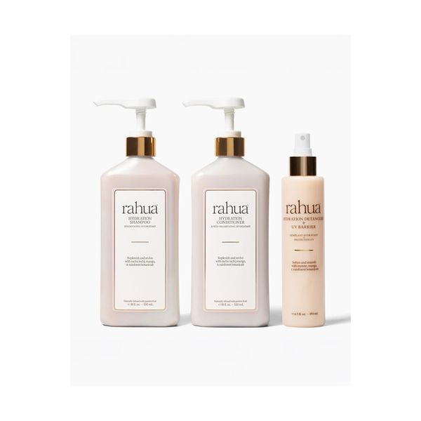 Rahua Hydration bundle with shampoo, conditioner, and detangler spray, product shot