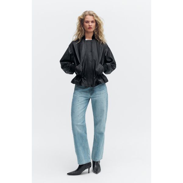 AllSaints Sofi leather bomber jacket in black with peplum hem, product shot