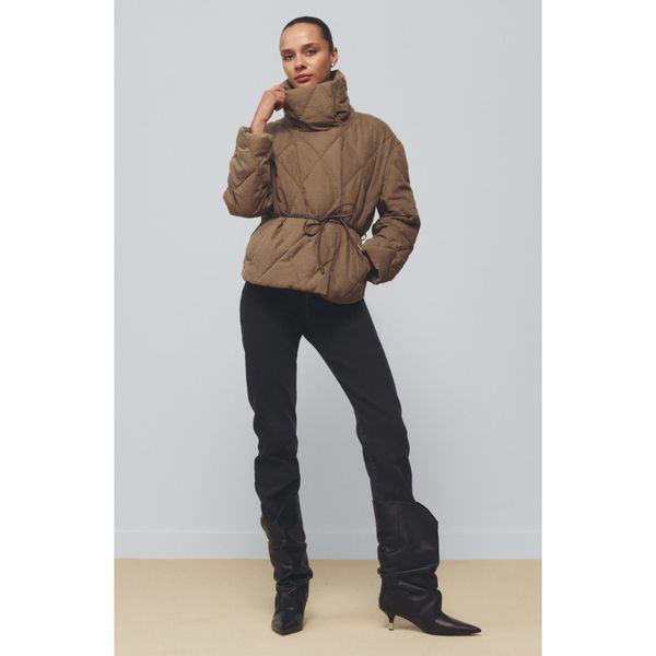 Avec Les Filles tie-waist puffer coat in brown with funnel neck, product shot