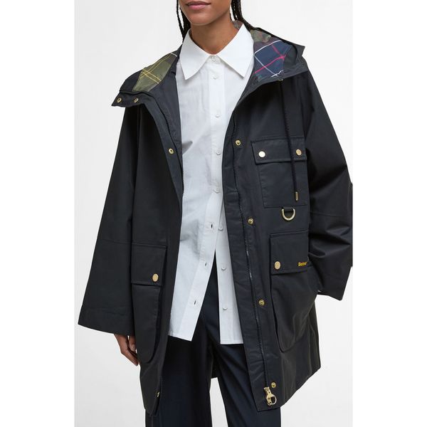 Barbour Arla waterproof hooded jacket in navy with plaid-lined hood, product shot
