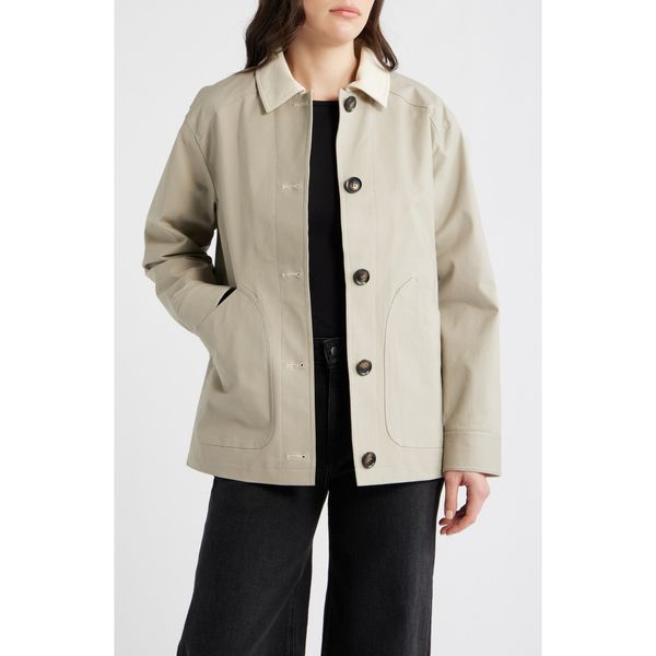 Bernardo cotton stretch twill jacket in tan with collar, product shot