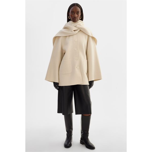 Lamarque Anca wool scarf jacket in cream with attached wrap collar, product shot