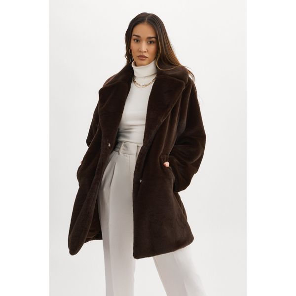 Lamarque Linnea faux fur coat in brown with notched lapel, product shot