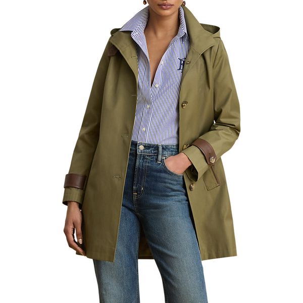 Lauren Ralph Lauren hooded cotton-blend coat in olive with leather trim, product shot