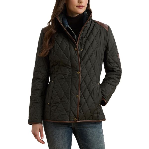 Lauren Ralph Lauren quilted barn jacket in olive with houndstooth trim, product shot