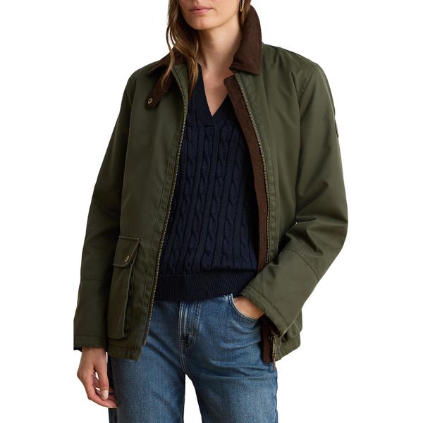 Lauren Ralph Lauren waxed raincoat in olive with corduroy collar trim, product shot