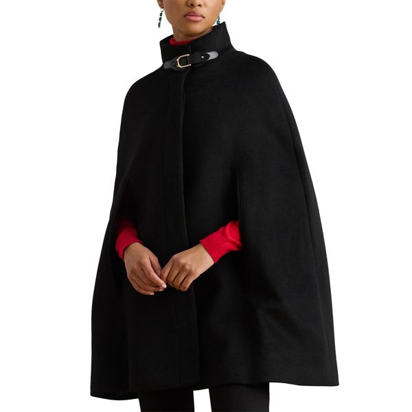 Lauren Ralph Lauren wool blend cape in black with buckle collar, product shot
