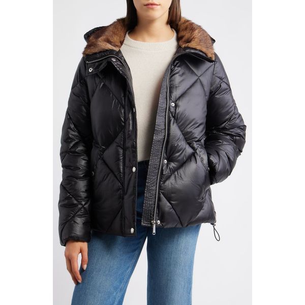 Sam Edelman diamond quilted puffer jacket in black with faux fur hood trim, product shot